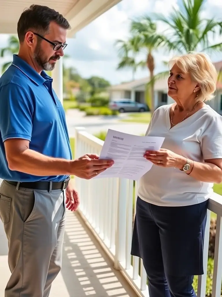 An image of a Sunbright Roofing inspector providing a detailed roof inspection report to a homeowner, highlighting potential issues and maintenance recommendations.