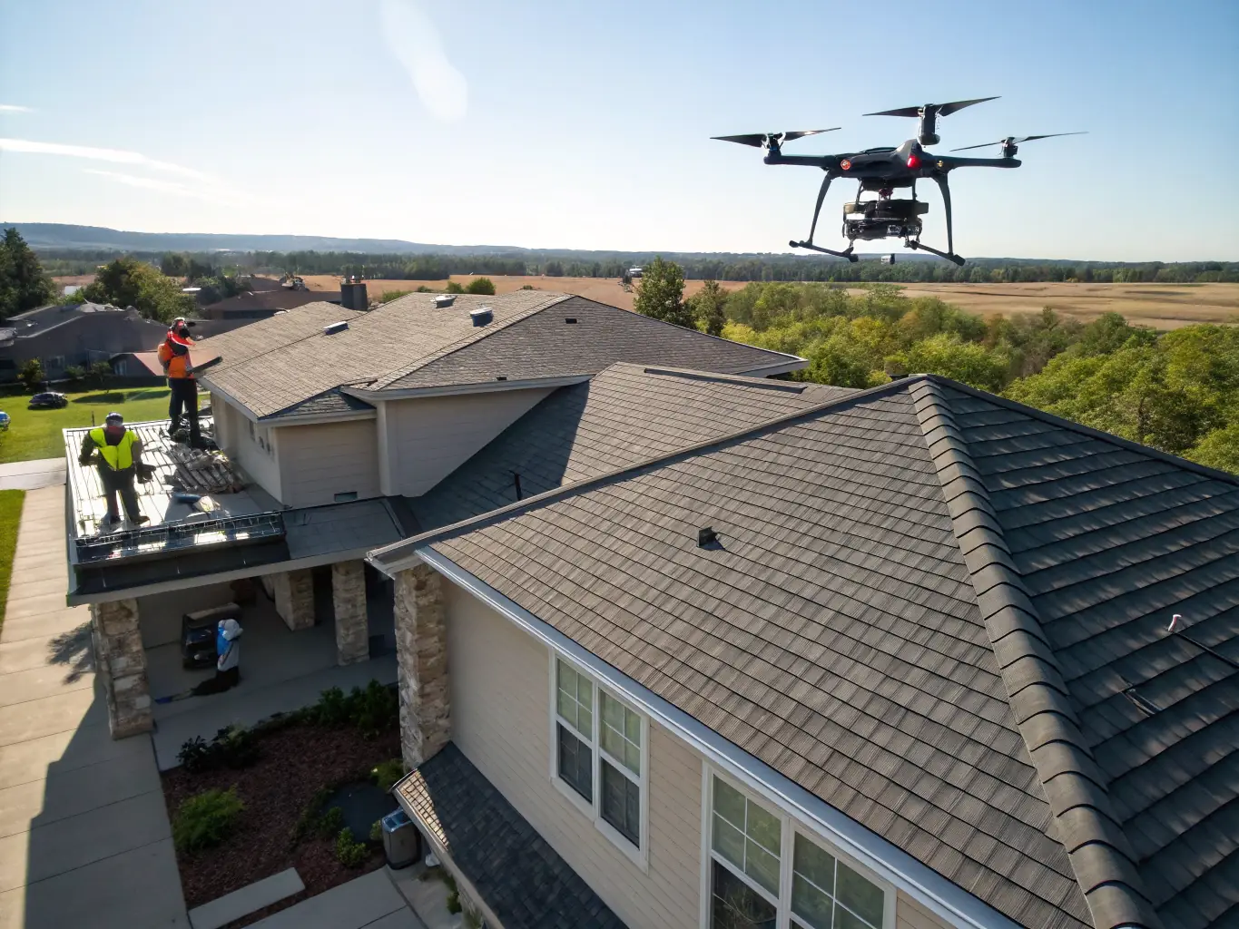 A professional inspecting a roof with a drone camera, highlighting detailed analysis for Sunbright Roofing's roof inspection service.