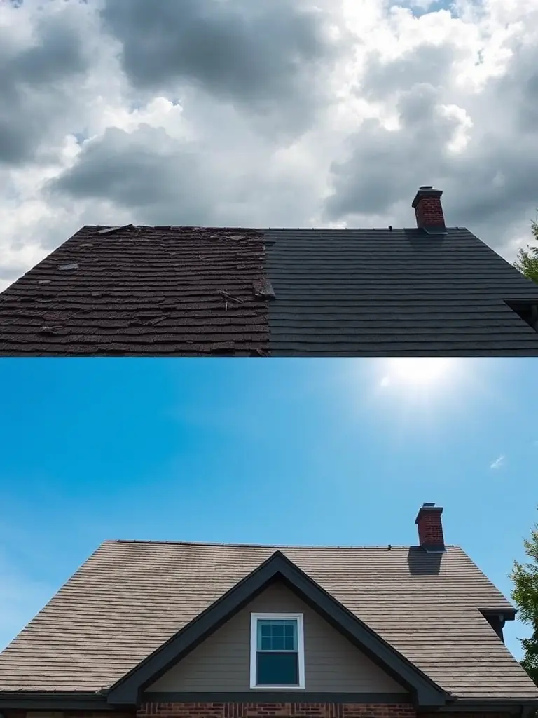 A before-and-after shot of a roof that has been repaired by Sunbright Roofing after storm and hail damage, showcasing the restoration of safety and appearance.
