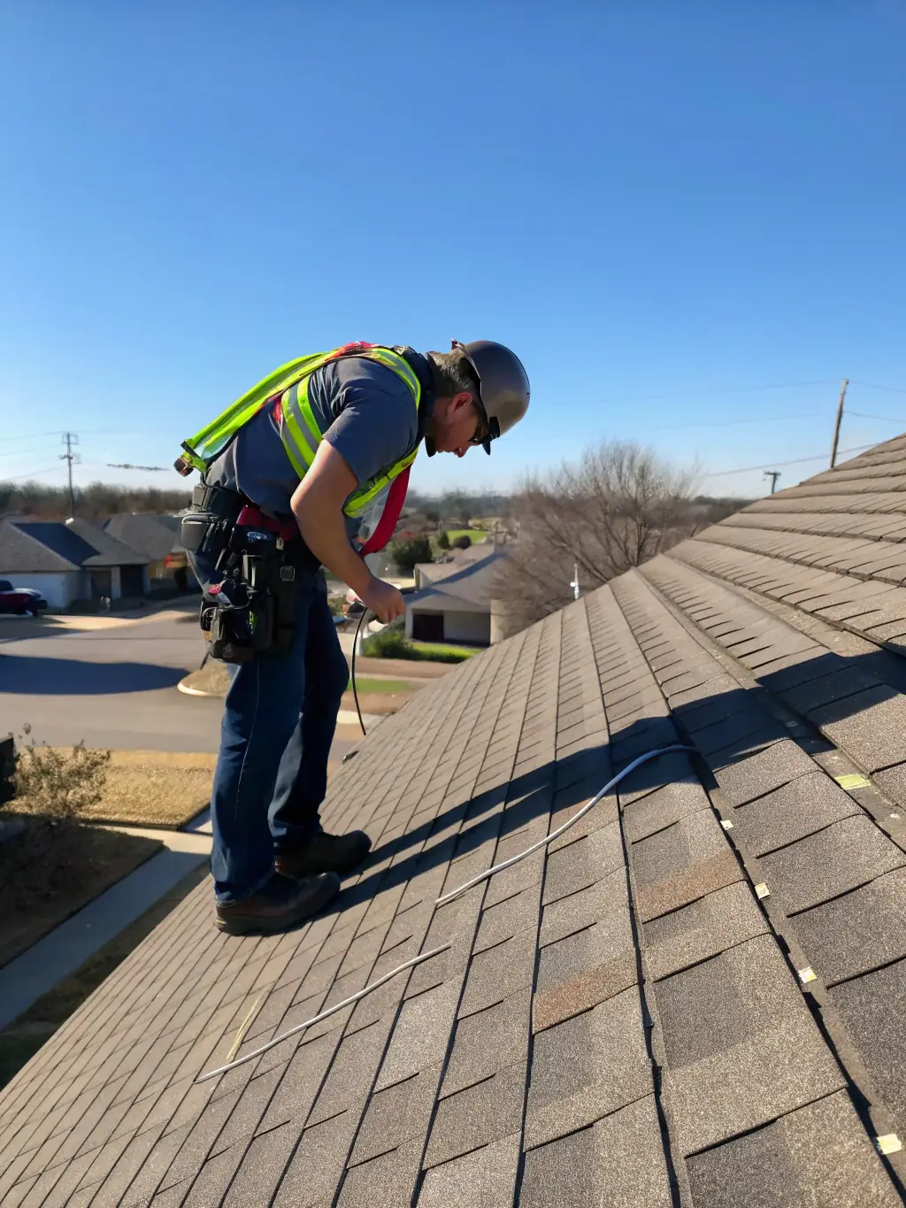 A Sunbright Roofing technician carefully inspecting a roof for leaks and damage, using specialized equipment, with a backdrop of a residential neighborhood in Port St. Lucie, Florida.